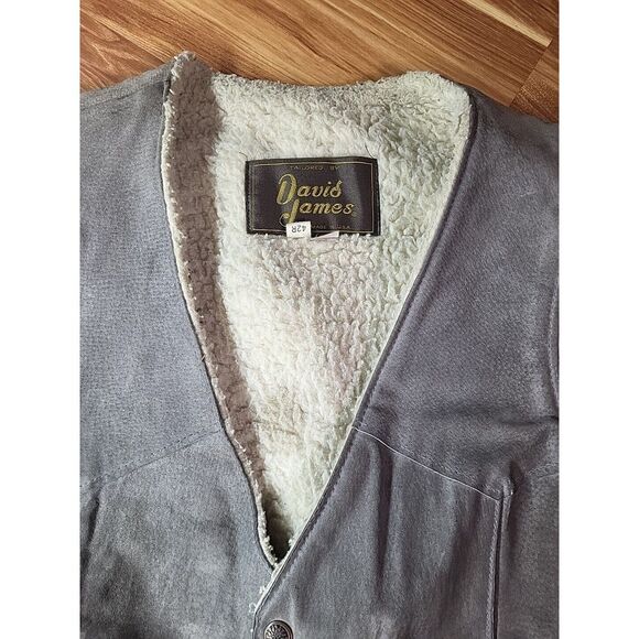 Vtg Distressed Grunge David James Vest Jacket 42 R Grey Leather Sherpa USA Men - Picture 4 of 12